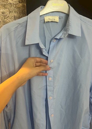 Mavi Keten Uzun Kollu Salaş Kadın Gömlek - Görsel 2