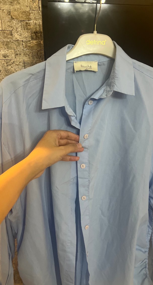 Mavi Keten Uzun Kollu Salaş Kadın Gömlek - Görsel 2