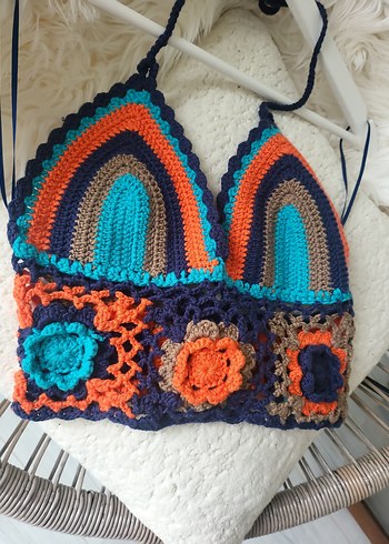 Renkli Örgü Straplez Bohem Mini Bustiyer - Görsel 8