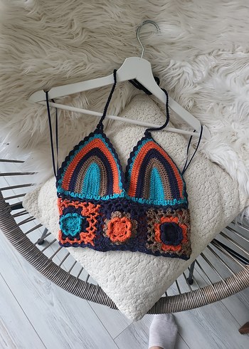 Renkli Örgü Straplez Bohem Mini Bustiyer - Görsel 5