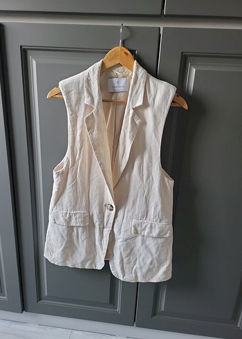 Stradivarius Bej Keten Kolsuz Midi Blazer