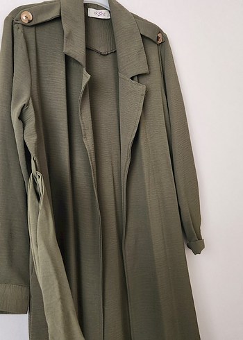 Kadın Haki Uzun Keten Trençkot - Görsel 3