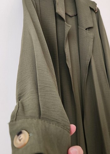Kadın Haki Uzun Keten Trençkot - Görsel 2