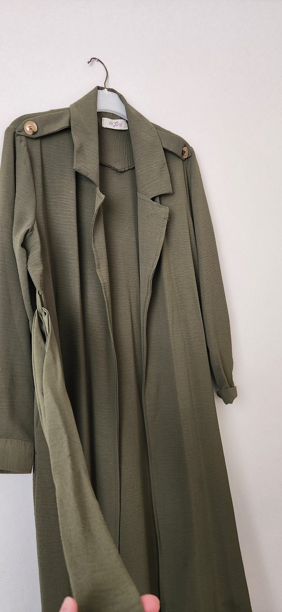 Kadın Haki Uzun Keten Trençkot - Görsel 3