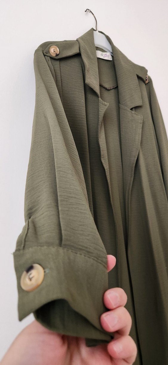 Kadın Haki Uzun Keten Trençkot - Görsel 2