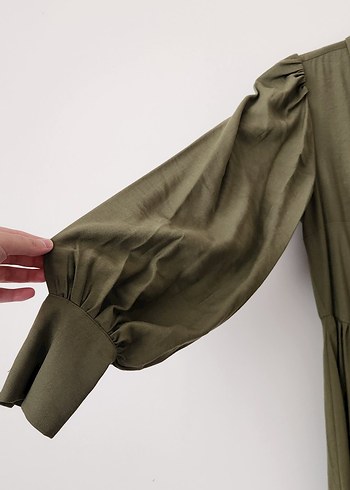 Düğmeli Haki Uzun Keten Elbise - Görsel 3