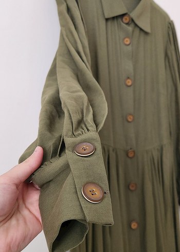 Düğmeli Haki Uzun Keten Elbise - Görsel 2