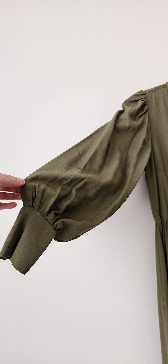 Düğmeli Haki Uzun Keten Elbise - Görsel 3