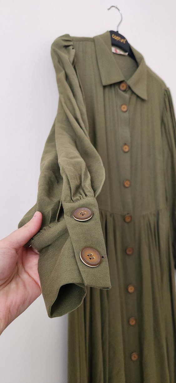 Düğmeli Haki Uzun Keten Elbise - Görsel 2