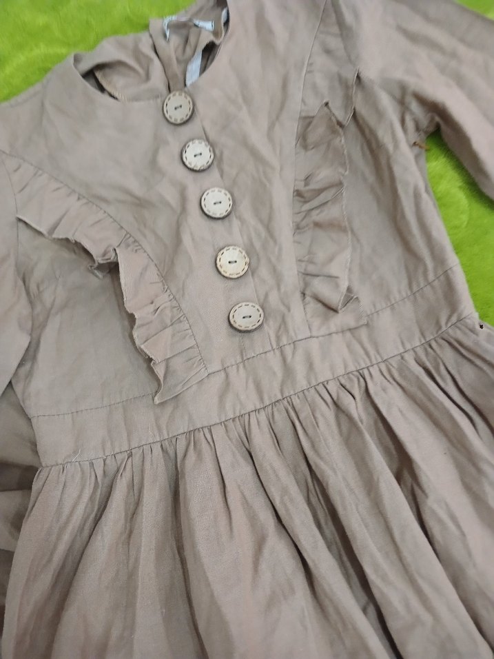 Bej Keten Uzun Kollu Fırfırlı Elbise - Görsel 2