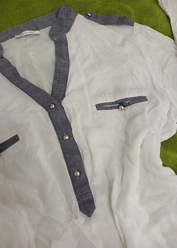 Gri Detaylı Beyaz Kadın Gömlek - Görsel 2