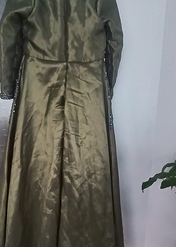 l Beden Nakışlı Vintage Haki Uzun Abiye Elbise
