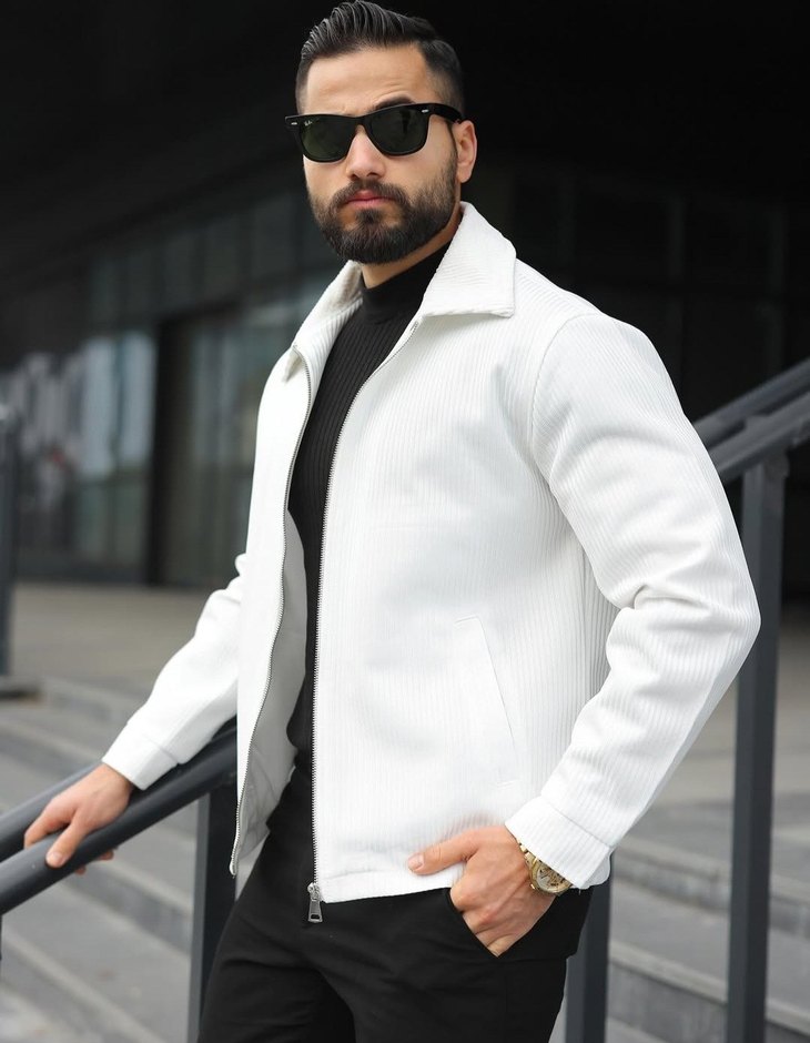 Erkek Beyaz Fermuarlı Dokulu Klasik Spor Ceket - Görsel 3