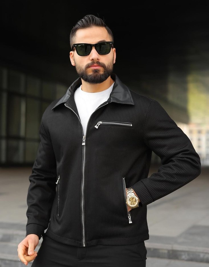 Erkek Siyah Fermuarlı Dokulu Klasik Spor Ceket - Görsel 3