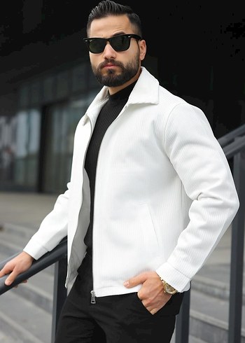 Erkek Beyaz Fermuarlı Dokulu Klasik Spor Ceket - Görsel 3