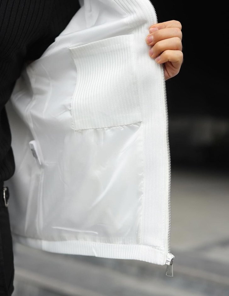 Erkek Beyaz Fermuarlı Dokulu Klasik Spor Ceket - Görsel 4