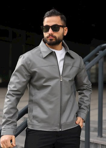 Erkek Gri Fermuarlı Suni Deri Ceket - Görsel 3