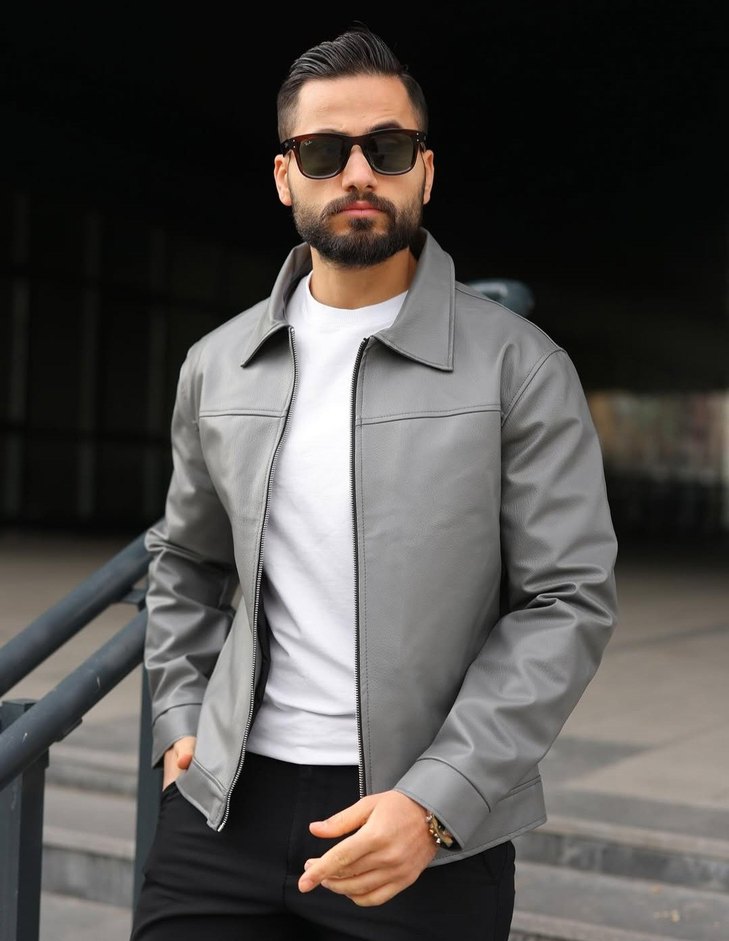 Erkek Gri Fermuarlı Suni Deri Ceket - Görsel 2