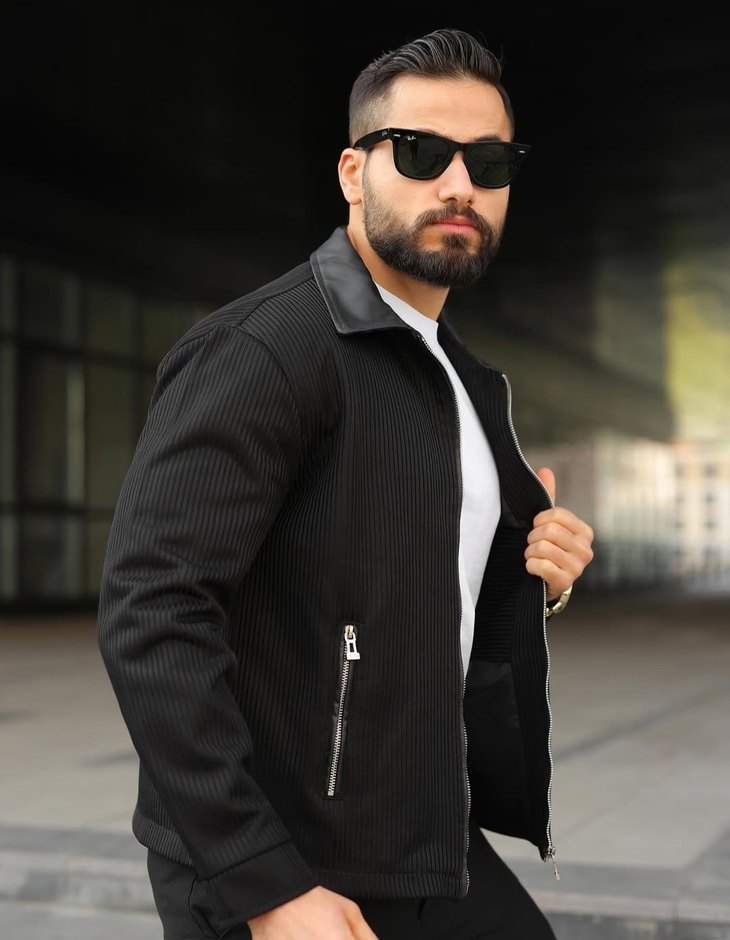 Erkek Siyah Fermuarlı Dokulu Klasik Spor Ceket - Görsel 2