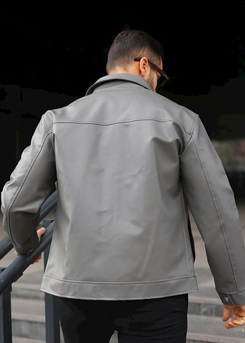 Erkek Gri Fermuarlı Suni Deri Ceket - Görsel 4