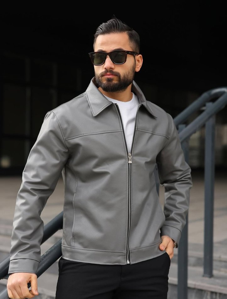 Erkek Gri Fermuarlı Suni Deri Ceket - Görsel 3