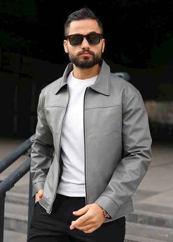 Erkek Gri Fermuarlı Suni Deri Ceket - Görsel 2