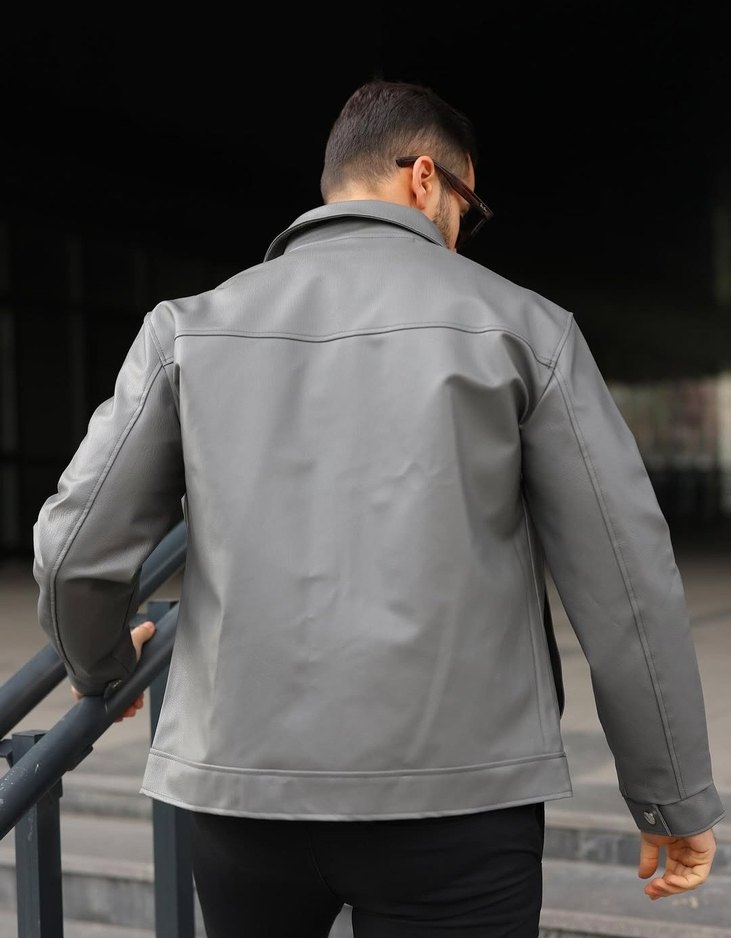 Erkek Gri Fermuarlı Suni Deri Ceket - Görsel 4