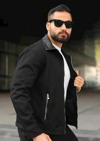 Erkek Siyah Fermuarlı Dokulu Klasik Spor Ceket - Görsel 2