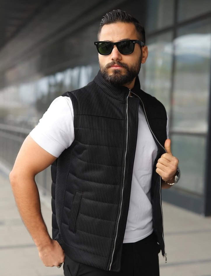 Erkek Siyah Fermuarlı Dik Yaka Yelek - Görsel 3