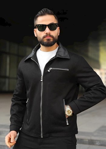 Erkek Siyah Fermuarlı Dokulu Klasik Spor Ceket - Görsel 3