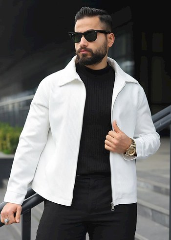 Erkek Beyaz Fermuarlı Dokulu Klasik Spor Ceket - Görsel 2