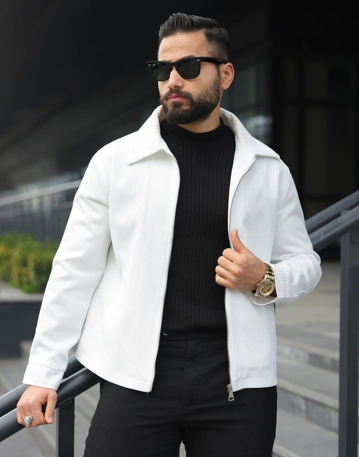 Erkek Beyaz Fermuarlı Dokulu Klasik Spor Ceket - Görsel 2