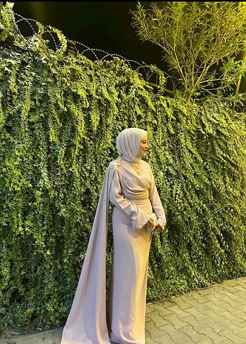 Uzun Kollu pudra Kadın Abiye Elbise - Görsel 3