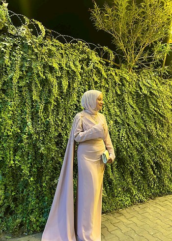 Uzun Kollu pudra Kadın Abiye Elbise - Görsel 2