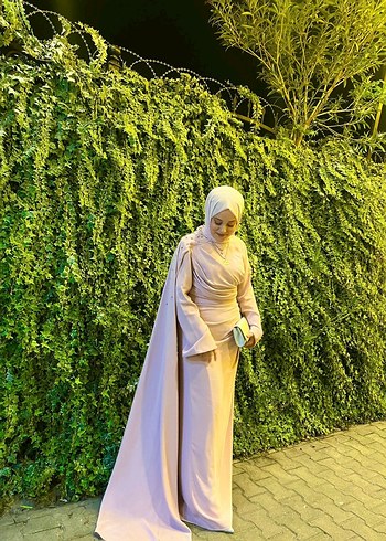 Uzun Kollu pudra Kadın Abiye Elbise - Görsel 4