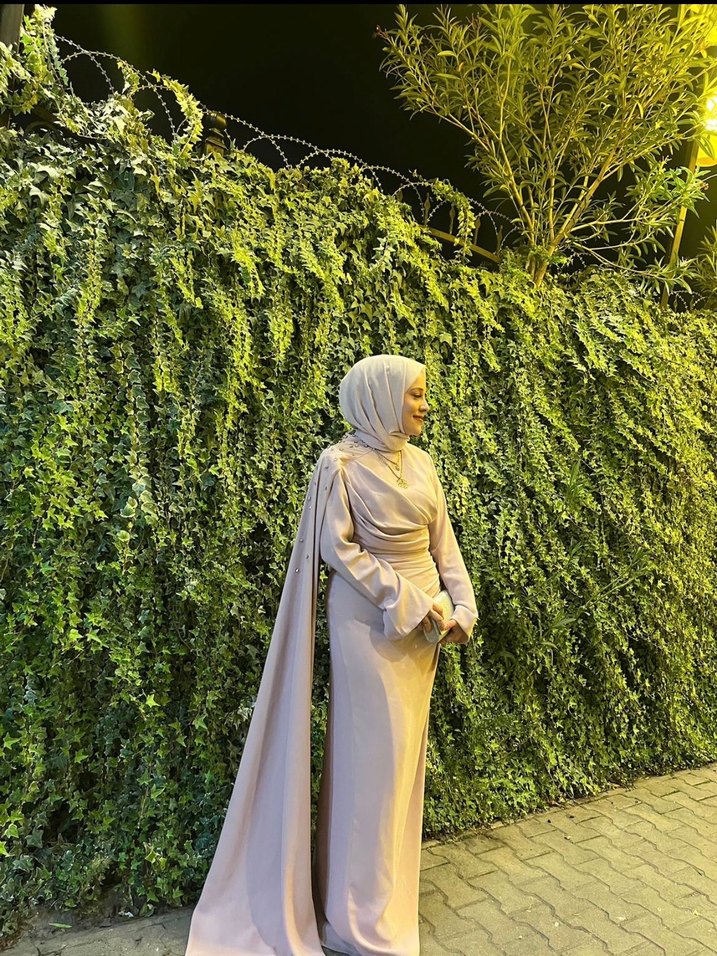 Uzun Kollu pudra Kadın Abiye Elbise - Görsel 3