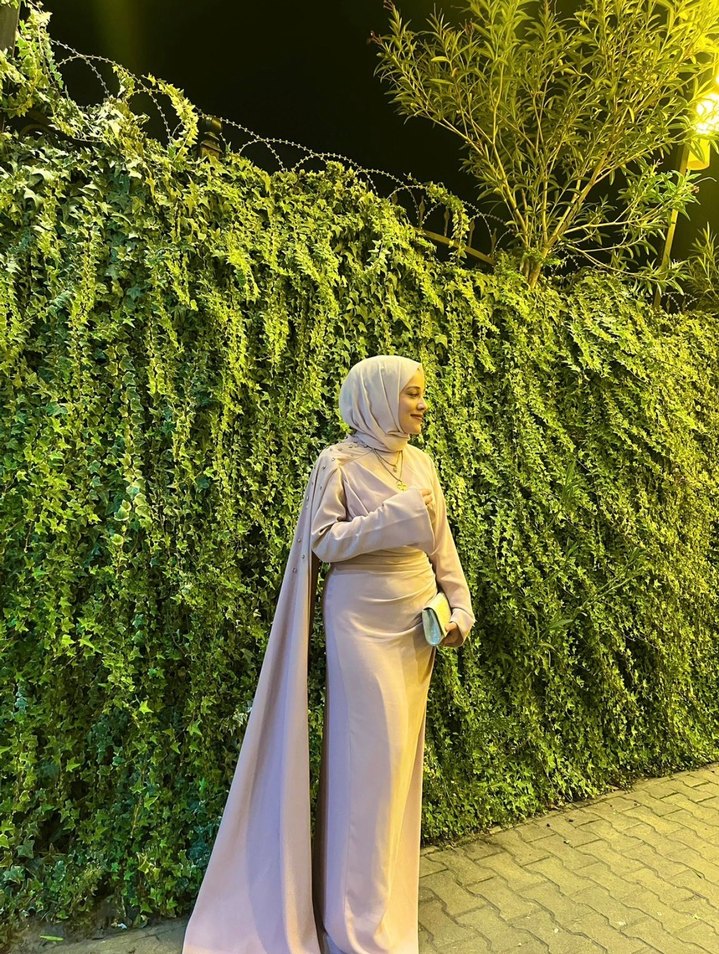 Uzun Kollu pudra Kadın Abiye Elbise - Görsel 2