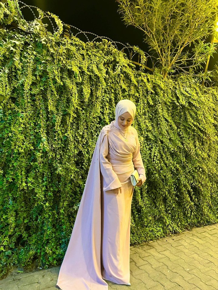 Uzun Kollu pudra Kadın Abiye Elbise - Görsel 4