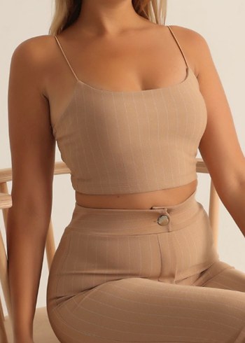 Bej İnce Askılı Crop Top