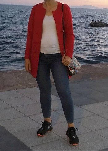 m Beden kırmızı Renk Kemer Detaylı Kırmızı Midi Kadın Blazer