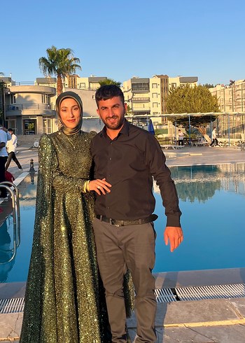 Abiye Simli Uzun Kollu Haki Tesettür Abiye