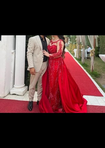 Abiye Kırmızı İşlemeli Uzun Kollu Abiye Elbise