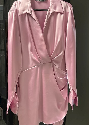 Zara satenPembe Uzun Kollu Kadın Elbise