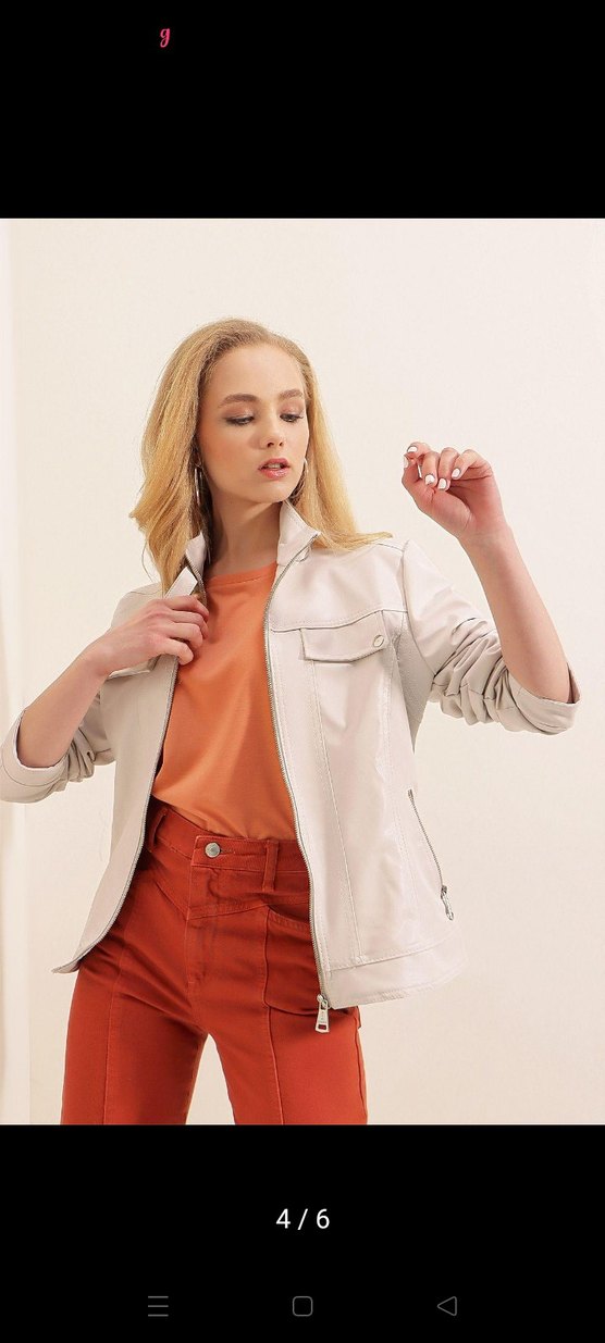 Bej Kadın Deri Ceket Kısa Kesim - Görsel 4