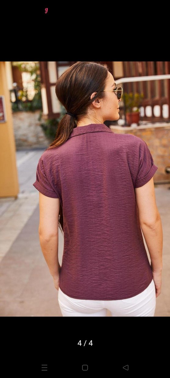 Bordo Kısa Kollu Kadın Gömlek - Görsel 2