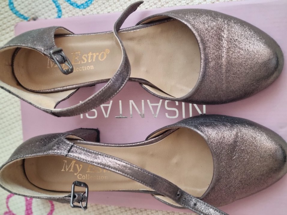 Gri Tokalı  yüksek topuk abiye ayakkabı simli - Görsel 2