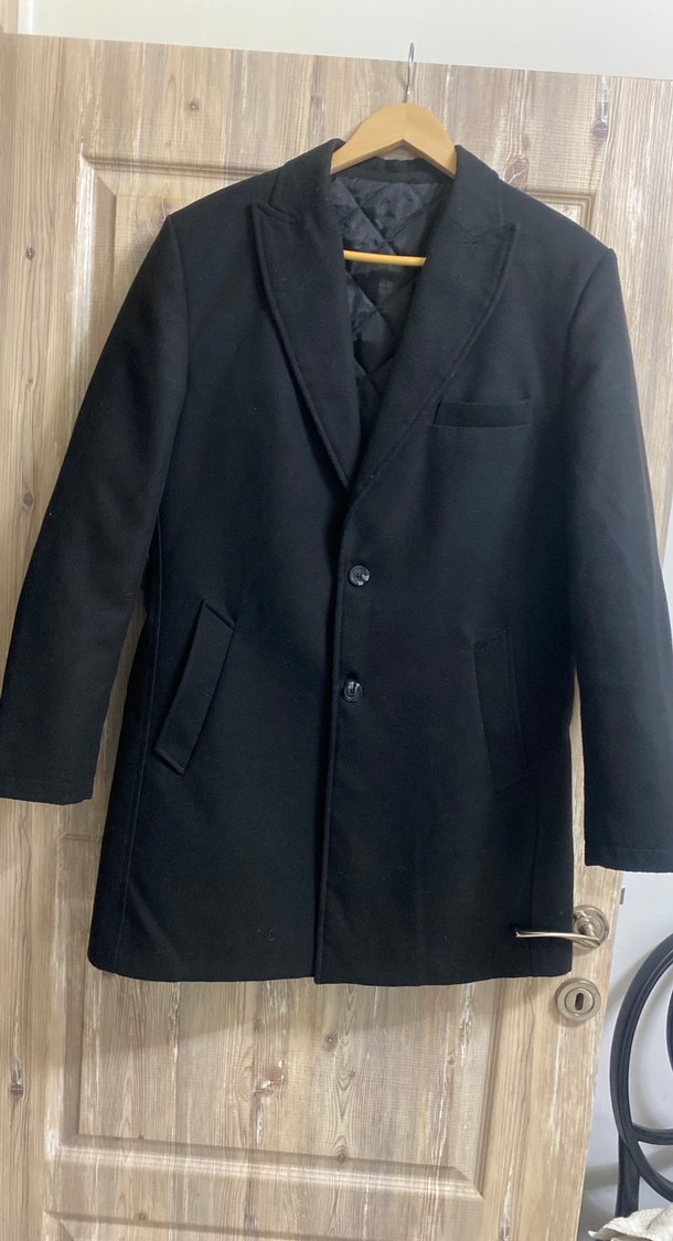 Siyah kaşe Erkek Kaban, Düğmeli, Ofis Stili - Görsel 2