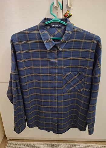 H&M Lacivert Ekose Uzun Kollu Gomlek