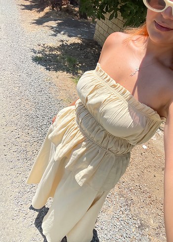 Zara Sarı Bohem Uzun Straplez Elbise