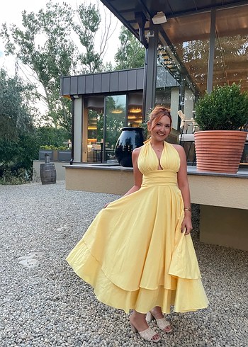 Zara Boyundan bağlamalı fırfırlı elbise butter yellow